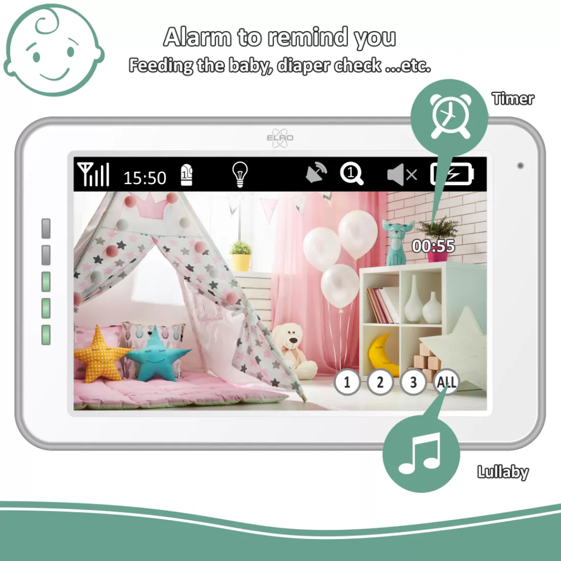 Babyfoon met extra camera's*ELRO Baby Monitor Royale Hd Babyfoon Met 12,7 Cm Touchscreen En App - Met Twee Extra Babyfoons (Bc3000-3)