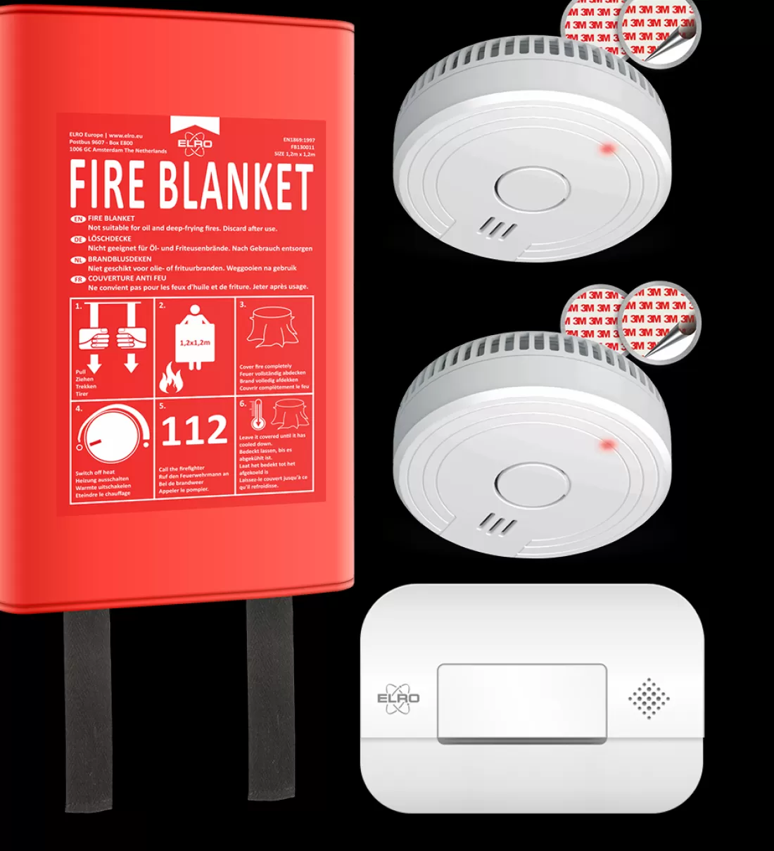 Koolmonoxidemelders | Rookmelders*ELRO Brandpreventieset - 2X Rookmelder Met 5 Jaar Batterij En Magneetmontage - Co Melder Met 10 Jaar Sensor - Blusdeken Hardcover 1,2M X 1,2M (Ff0404)