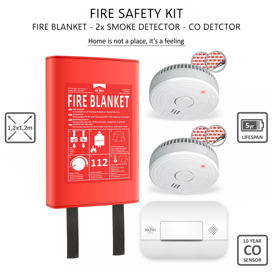 Koolmonoxidemelders | Rookmelders*ELRO Brandpreventieset - 2X Rookmelder Met 5 Jaar Batterij En Magneetmontage - Co Melder Met 10 Jaar Sensor - Blusdeken Hardcover 1,2M X 1,2M (Ff0404)