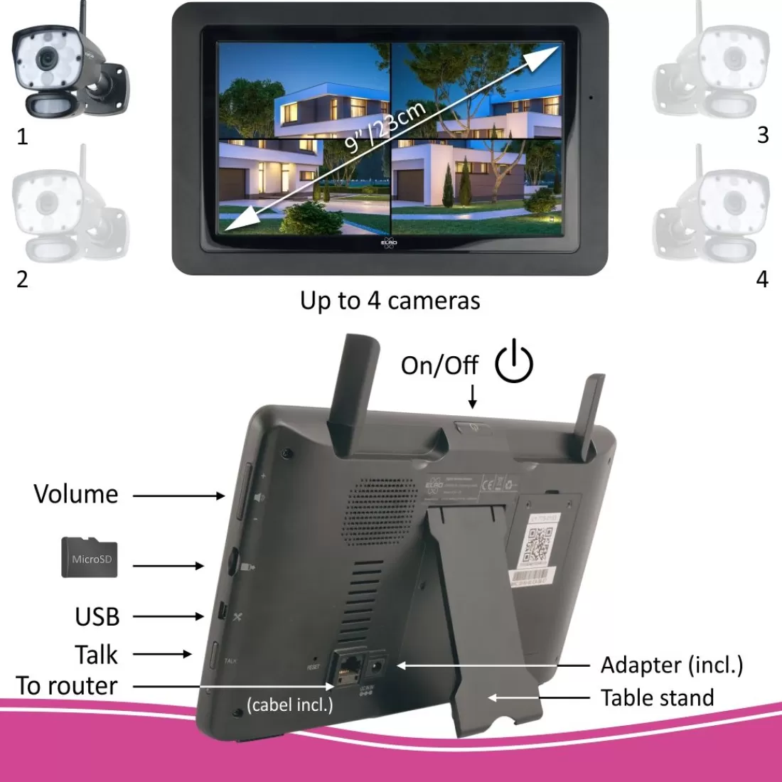 Draadloze camera's*ELRO Color Night Vision Beveiligingscamera Set Met 9" Scherm En App (Cz60Rip)