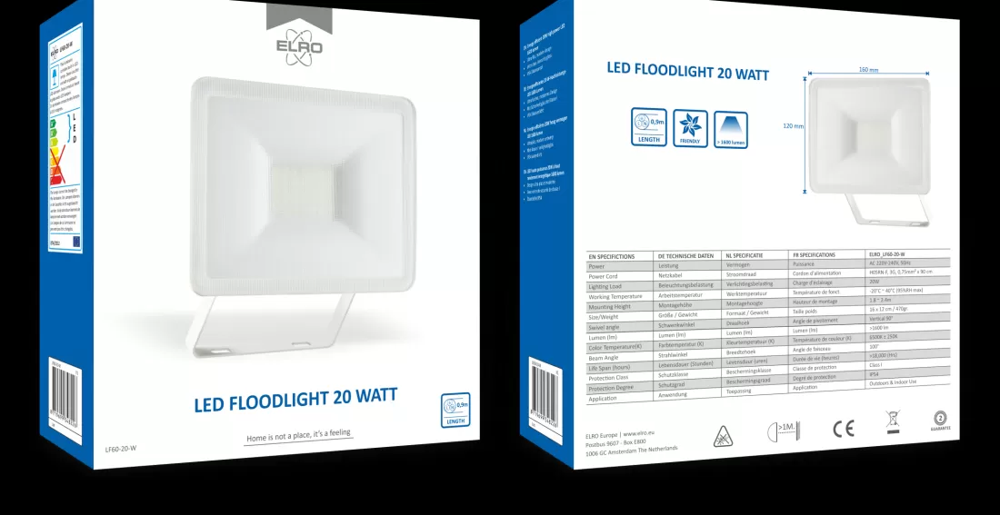 Floodlight*ELRO Design Led Buitenlamp 20W – 1600Lm – Ip54 Waterdicht - Wit (Lf60-20-W)