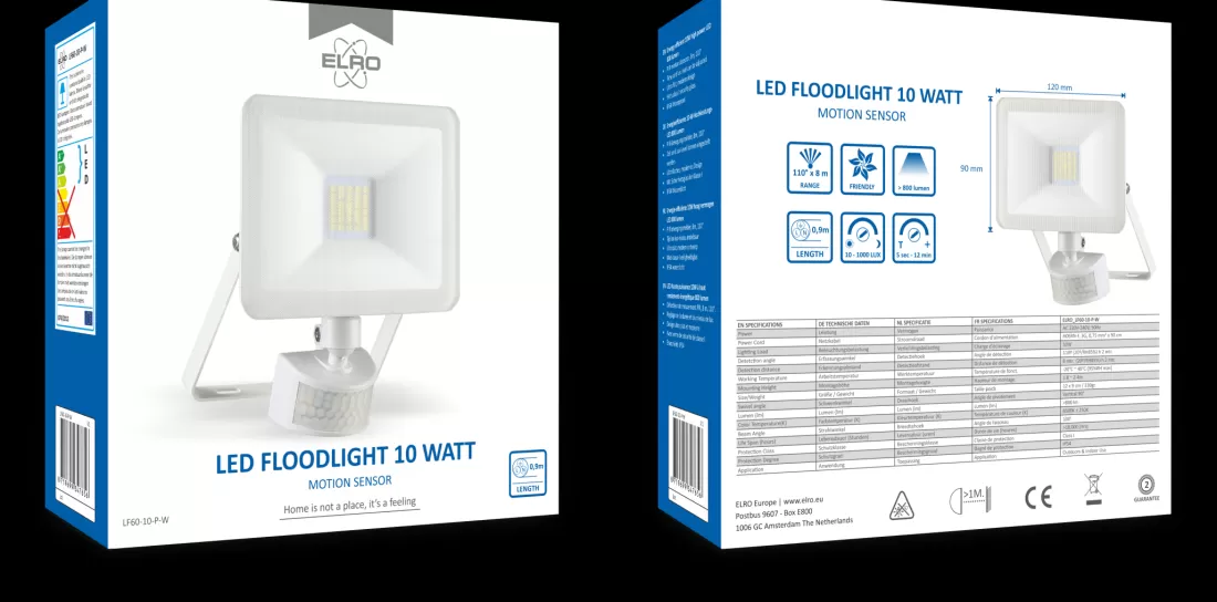 Floodlight*ELRO Design Led Buitenlamp Met Bewegingssensor - 10W – 800Lm – Ip54 Waterdicht - Wit (Lf60-10-P-W)