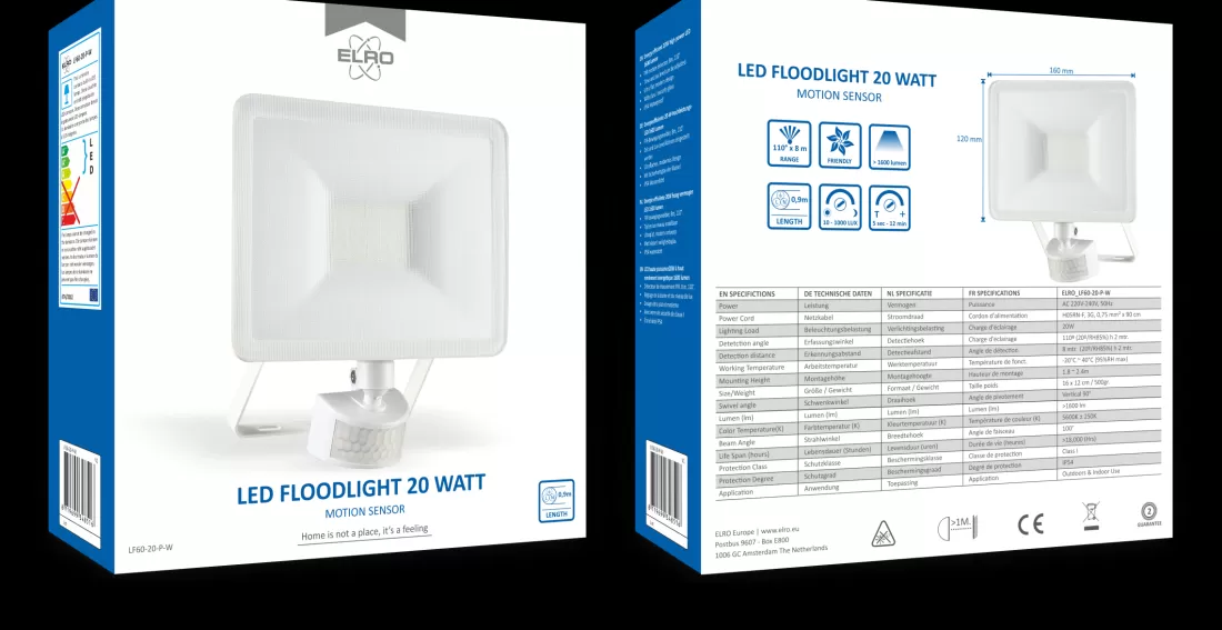 Floodlight*ELRO Design Led Buitenlamp Met Bewegingssensor - 20W – 1600Lm – Ip54 Waterdicht - Wit (Lf60-20-P-W)