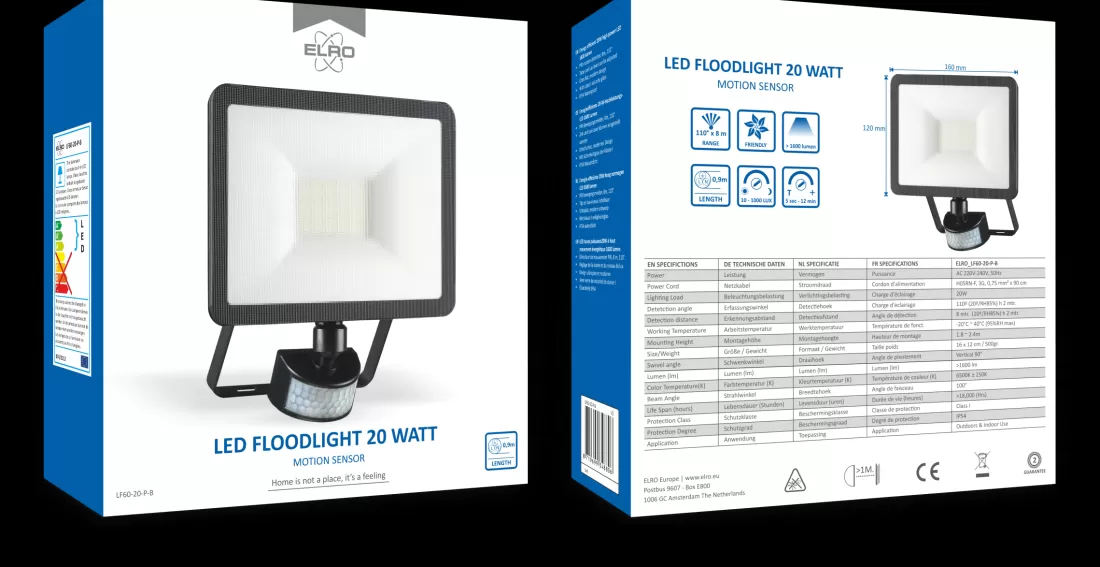 Floodlight*ELRO Design Led Buitenlamp Met Bewegingssensor - 20W – 1600Lm – Ip54 Waterdicht - Zwart (Lf60-20-P-B)