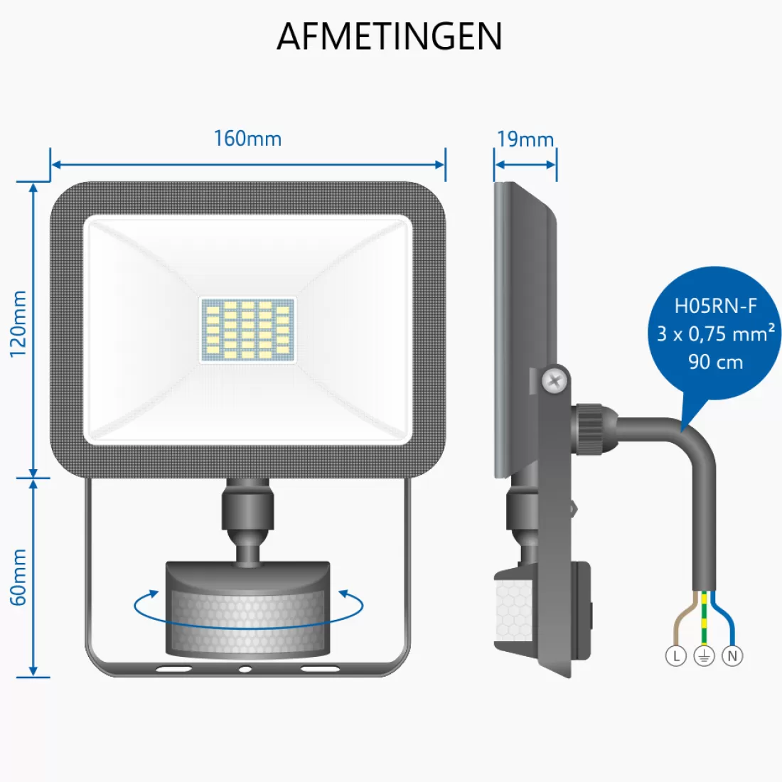Floodlight*ELRO Design Led Buitenlamp Met Bewegingssensor - 20W – 1600Lm – Ip54 Waterdicht - Zwart (Lf60-20-P-B)