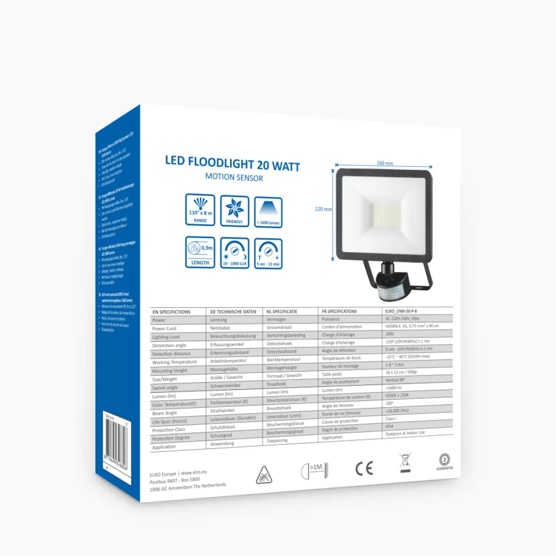 Floodlight*ELRO Design Led Buitenlamp Met Bewegingssensor - 20W – 1600Lm – Ip54 Waterdicht - Zwart (Lf60-20-P-B)