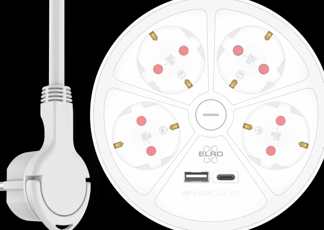 Elektra*ELRO Design Stekkerdoos 6-Voudig Met 1,5M Snoer En Schakelaar – 4X Stopcontact + Usb + Usb-C – Kinderbeveiliging – Randaarde Stekker – Max. 3680W – Tuv Getest (Es604)