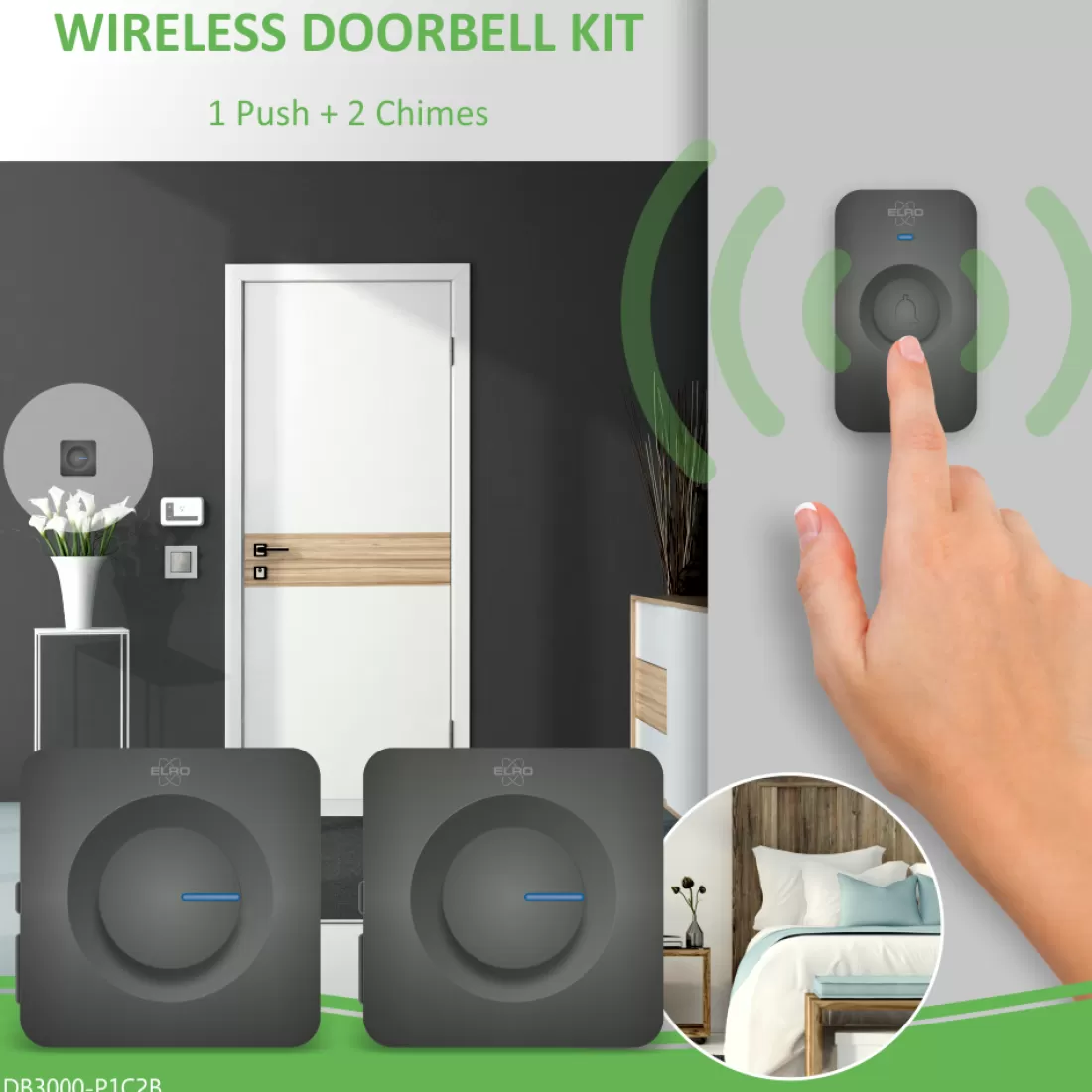 Deurbel*ELRO Draadloze Deurbel Set – Met 2X Ontvanger Op Batterij - Zwart (Db3000-P1C2B)