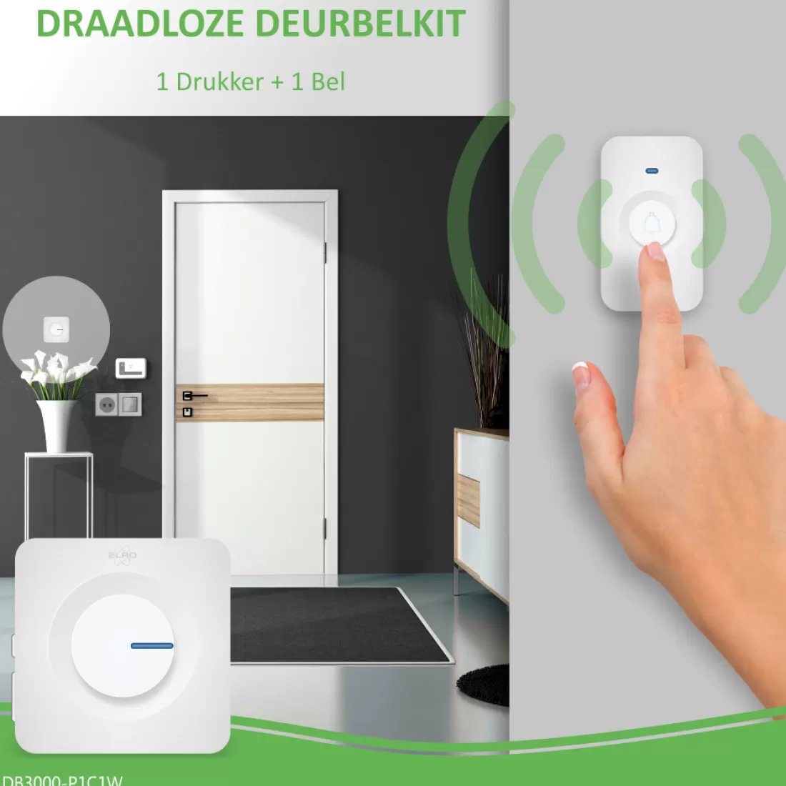 Deurbel*ELRO Draadloze Deurbel Set – Met Ontvanger Op Batterij - Wit (Db3000-P1C1W)