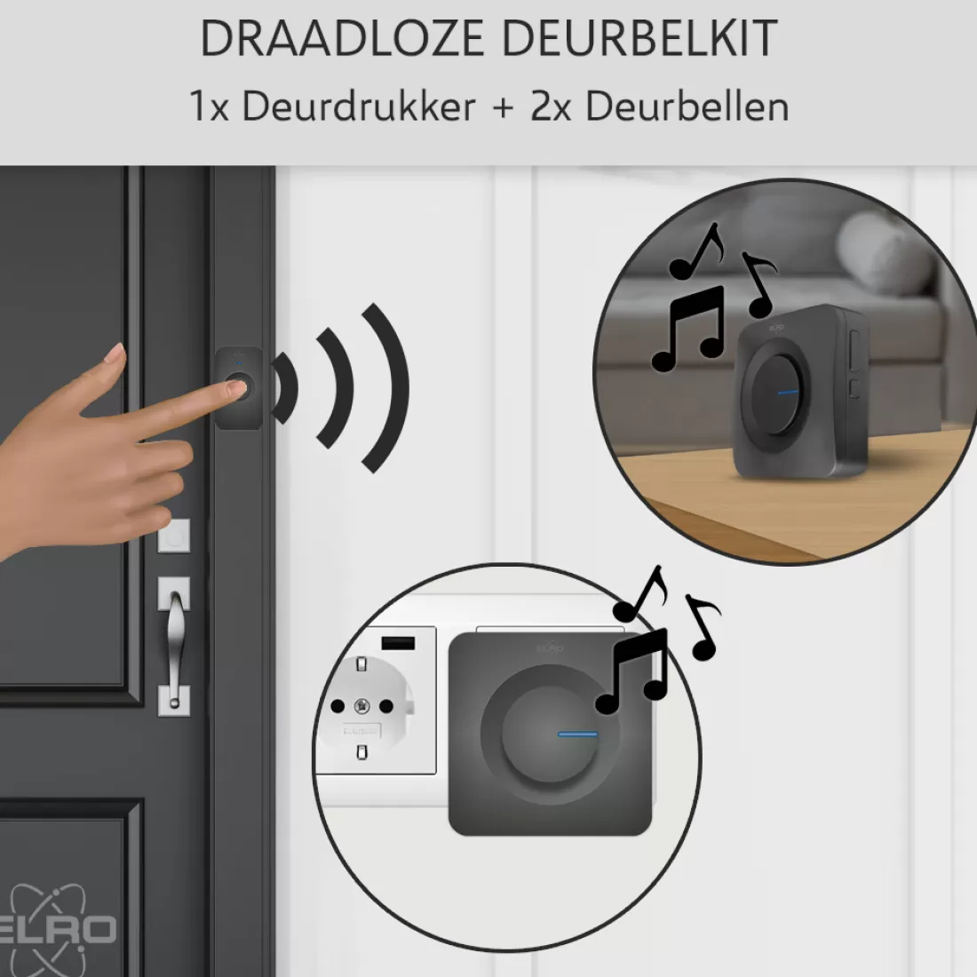 Deurbel*ELRO Draadloze Deurbel Set – Plug-In Ontvanger + Batterij Ontvanger (Db3000Pb-P1C2B)