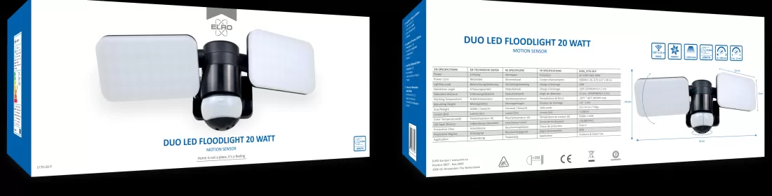 Floodlight*ELRO Duo Led Buitenlamp Met Bewegingssensor – 2X 10W – 1200Lm – Ip54 Waterdicht - Zwart (Lf70-20-P)