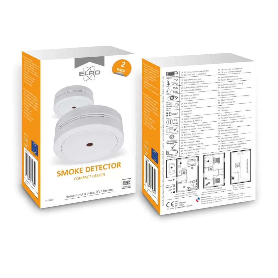 Rookmelders*ELRO Rookmelder - Compact Design Met 10 Jaar Batterij - Geschikt Voor In Caravan, Camper En Boot - 2 Pack (Fs7810)