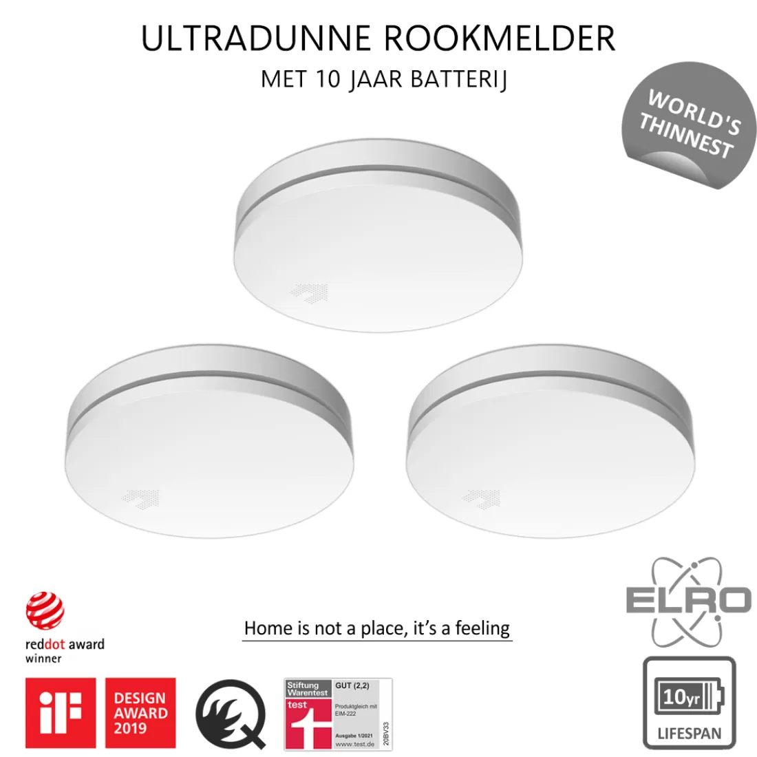 Rookmelders*ELRO Ultra Dunne Rookmelder Met 10 Jaar Batterij - Voldoet Aan Europese Norm En14604 - 3 Stuks (Fs4610)