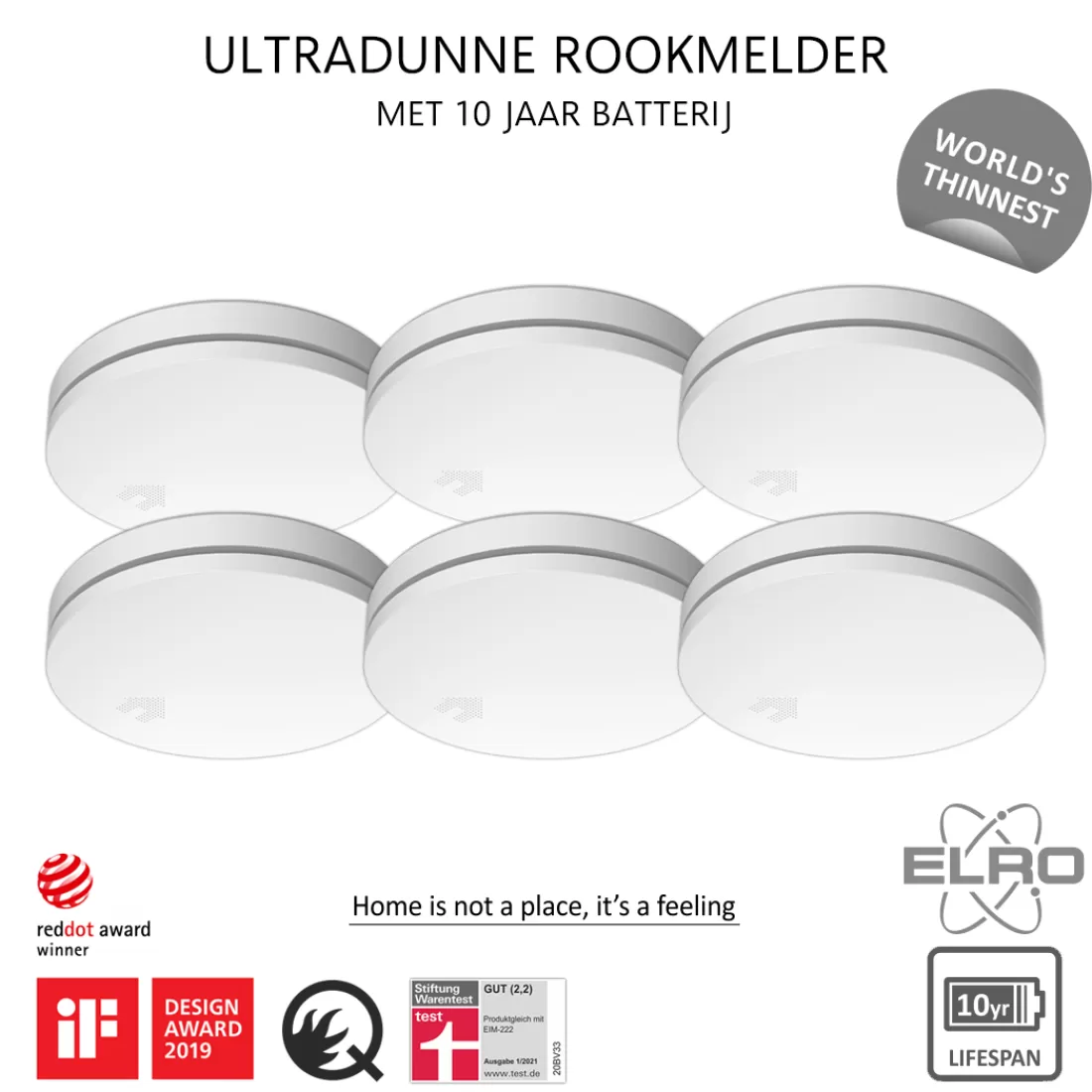 Rookmelders*ELRO Ultra Dunne Rookmelder Met 10 Jaar Batterij - Voldoet Aan Europese Norm En14604 - 6 Stuks (Fs4610)